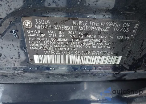 2006 BMW 330I from USA, damaged, VIN WBAVB33516KR80745